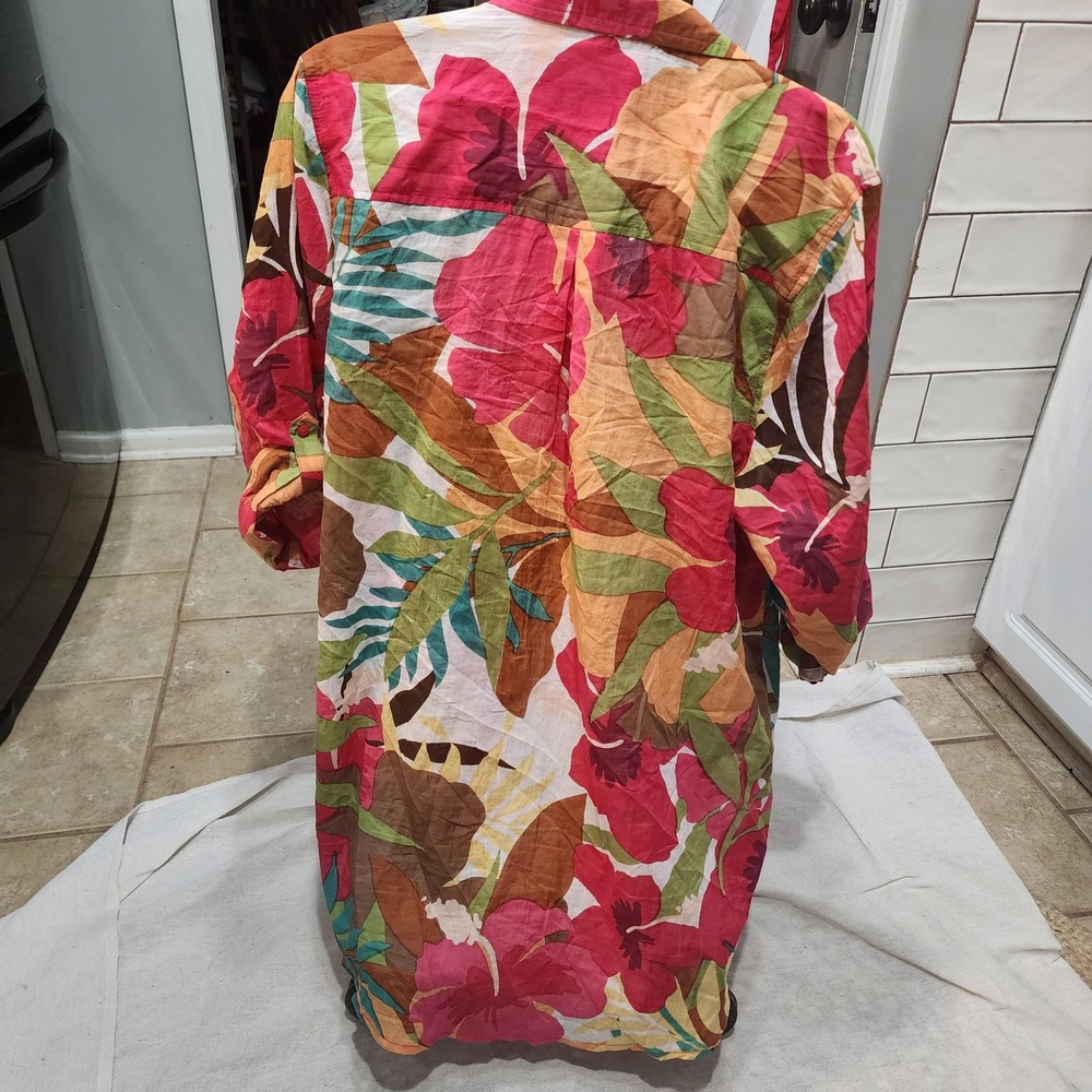 True Destinations Women Tropical Floral Button Down Shirt Cotton Roll Tab Large - Picture 4 of 5